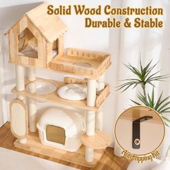 Hittite Indoor 61.5-in Wood Cat Tree Tower & Condo with Litter Box Space, Scrathers, Cave & Capsule, Natural, Large, Natural slide 2 of 9