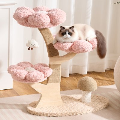 Hittite Hittite Indoor 37-in Flower Faux-Fur Cat Tree Tower with Scratching Post, Wood Sculpted Branch & Mushroom Scratcher, Pink