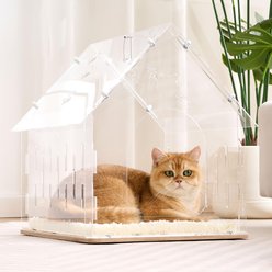 Hittite Indoor Acrylic Stylish Cat House with Plush Cushion, Wooden Base & Hanging Toys, White, 15.8 x 18.1 x 18.5-in