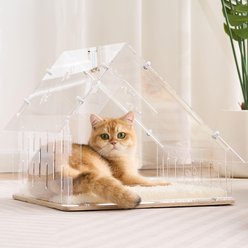Hittite Indoor Acrylic Stylish Cat House with Plush Cushion, Wooden Base & Hanging Toys, White, 18.1 x 15.8 x 15-in