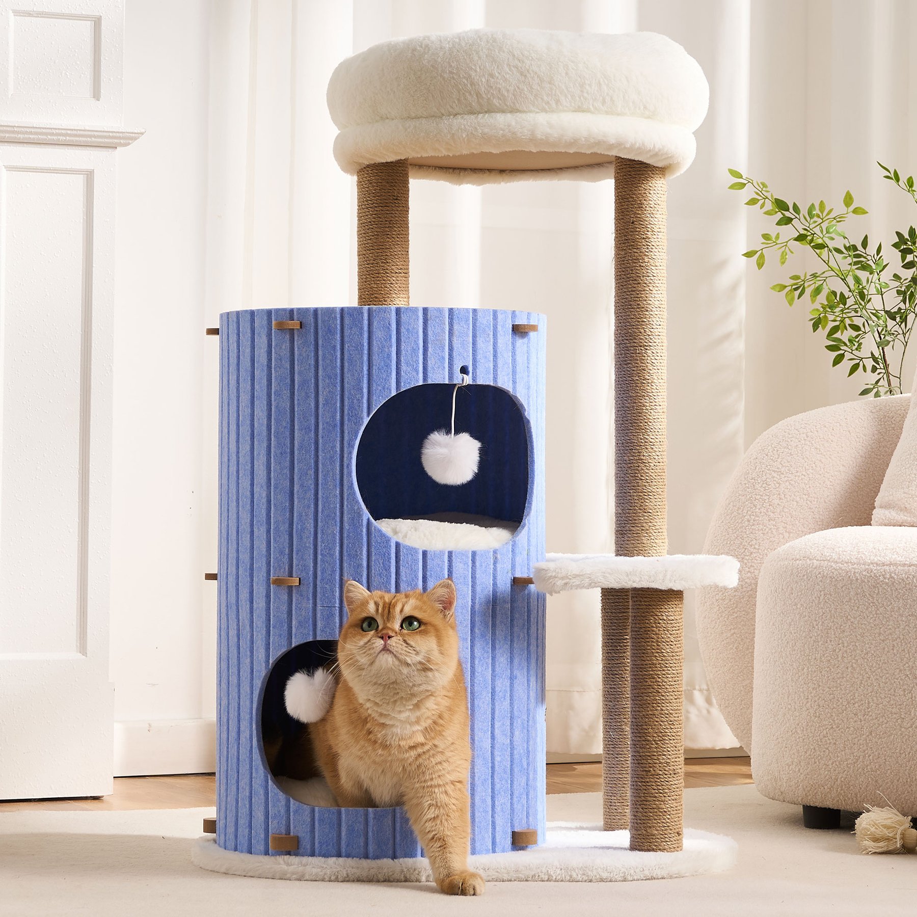 Hittite Indoor 36-in Modern Faux-Fur Cat Tree Tower & Condo with Scratching Posts, Cozy Bed Caves & Washable Cushions, Blue
