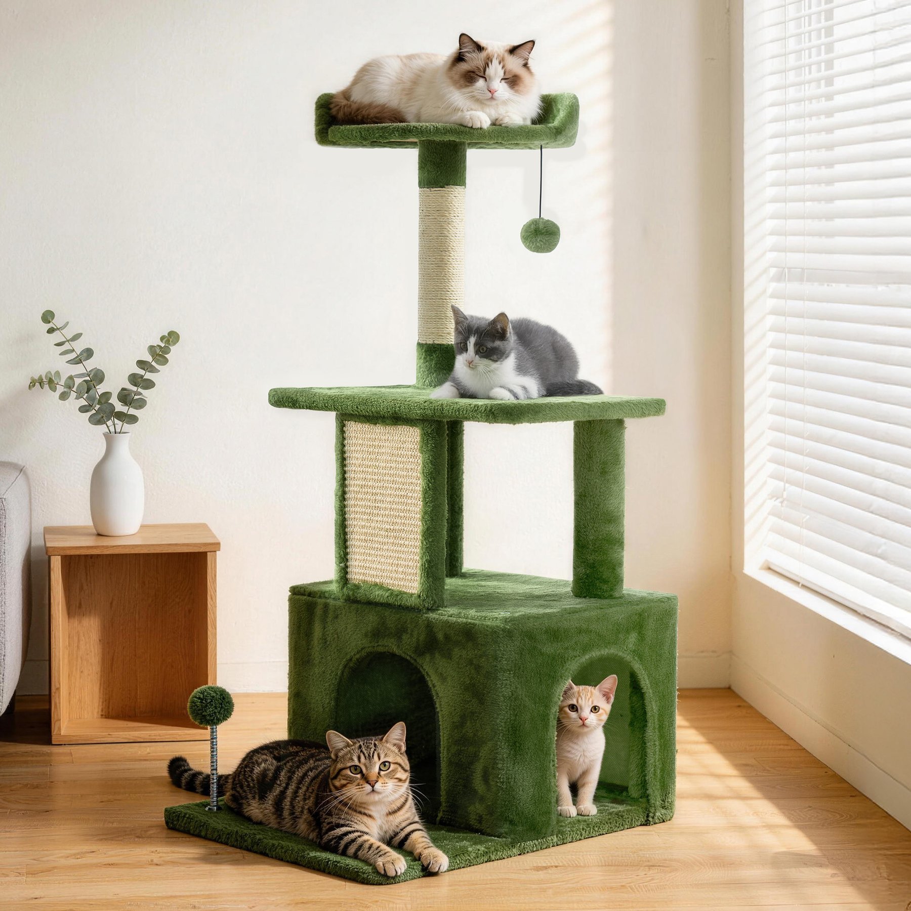 TSCOMON Indoor 38.2-in Plush Hanging Toy Cat Tree Tower with Scratching Post, Green