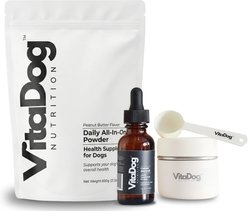 VitaDog Nutrition Dog Supplement Bundle: Daily All-in-One Powder Peanut Butter Flavor, 21.2-oz bag + Custom Blend Oil Liquid, 1-fl oz bottle