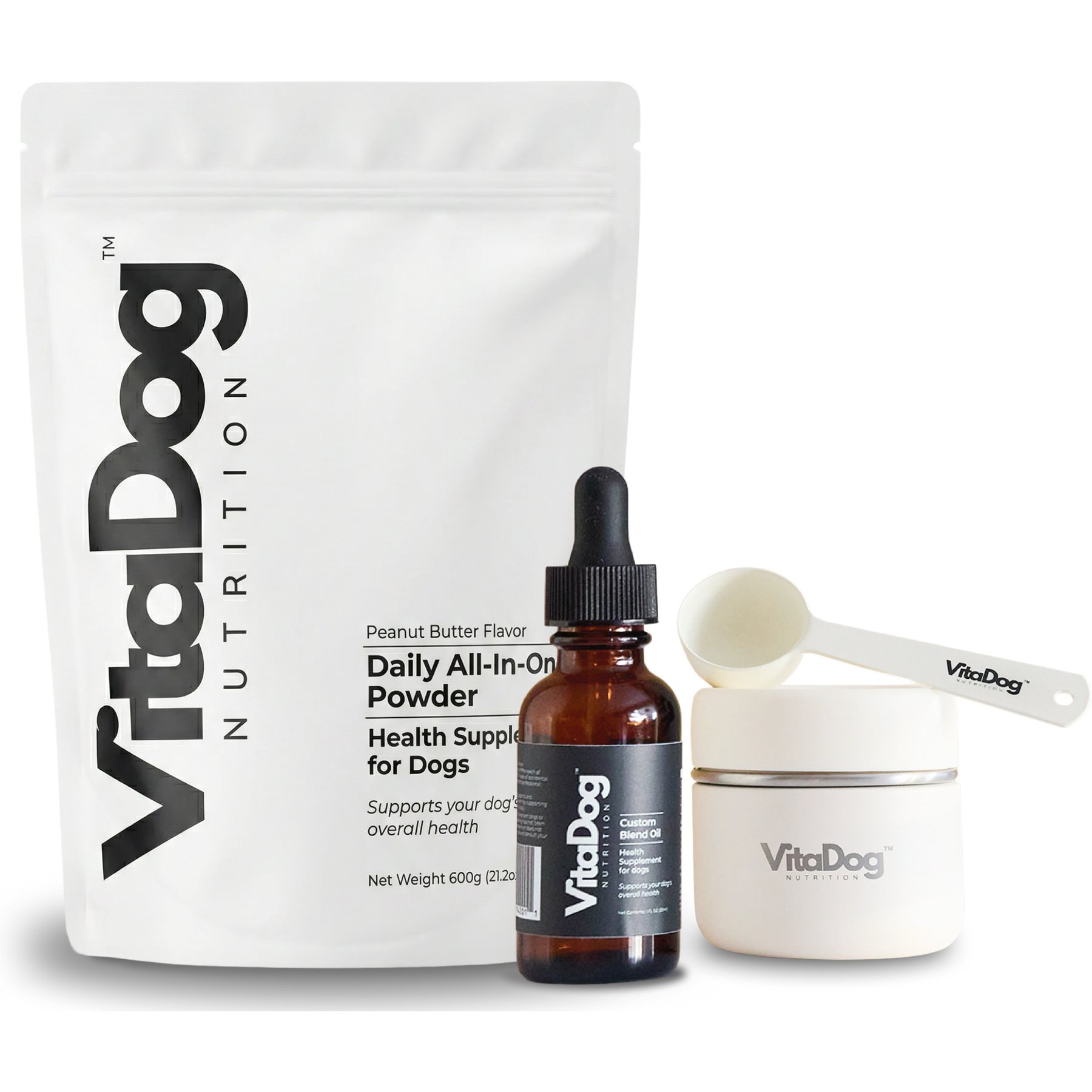 VitaDog Nutrition Dog Supplement Bundle: Daily All-in-One Powder Peanut Butter Flavor, 21.2-oz bag + Custom Blend Oil Liquid, 1-fl oz bottle