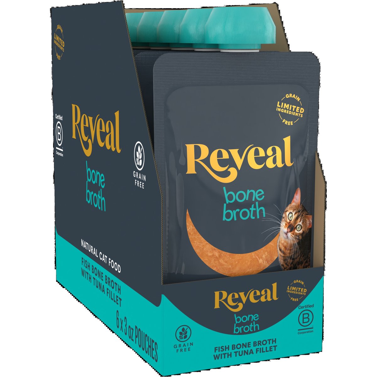 Reveal Natural Fish Bone Broth with Tuna Fillet Cat Food Topper, 3-oz pouch, case of 6