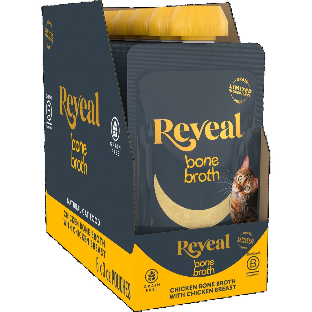 Reveal Natural Chicken Bone Broth with Chicken Breast Cat Food Topper, 3-oz pouch, case of 6