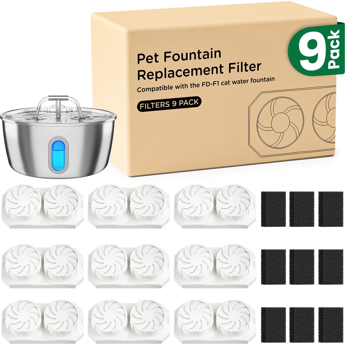 Neareal Version C Replacement Filters & Sponges for 74-oz Cat Water Fountain, 9 count