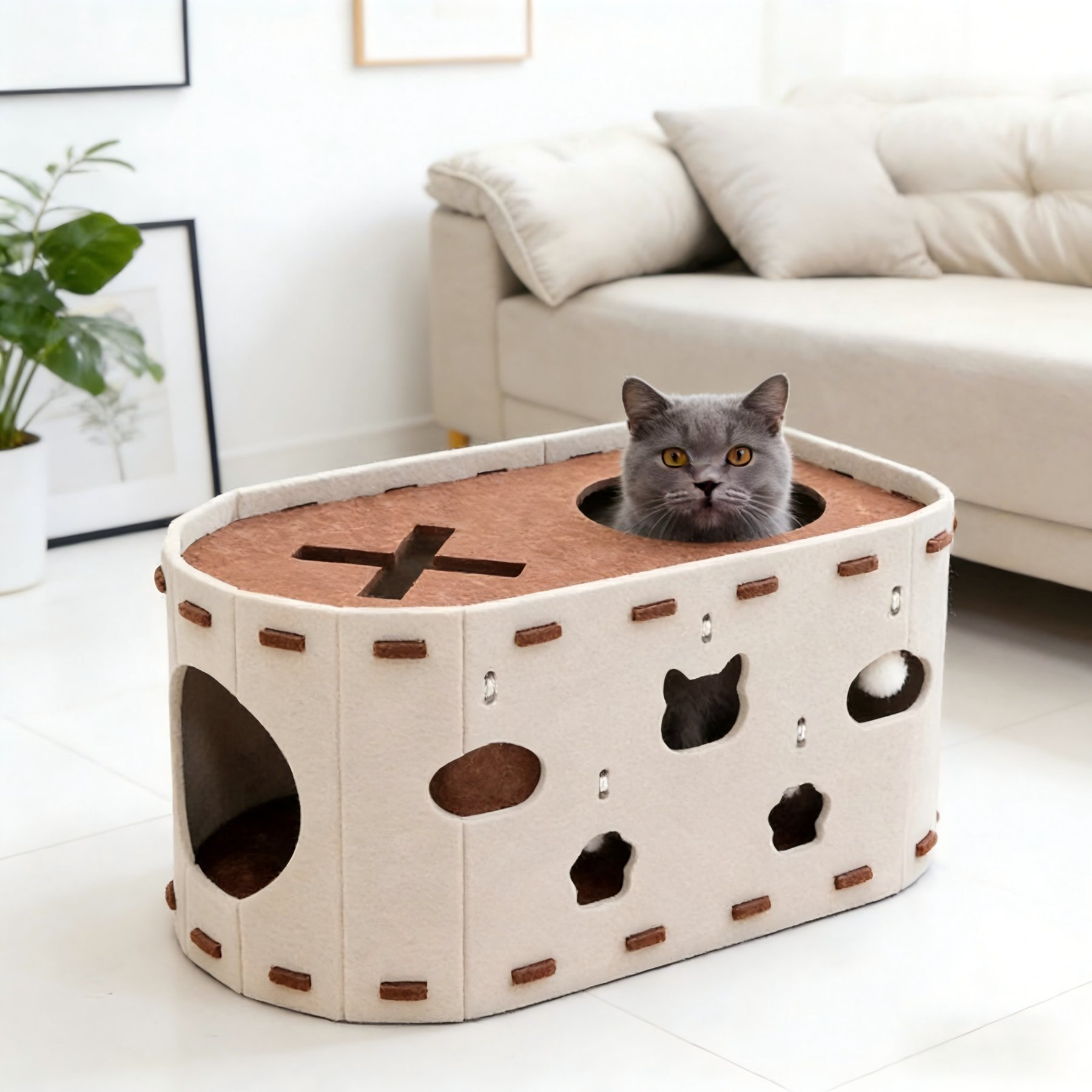 DOPZER Felt Cat Cave Bed, Beige, 20.5 x 11.8 x 11.8-in