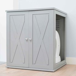 The Refined Feline Self Cleaning Cat Litter Box Cabinet, Farmhouse Door, Smoke