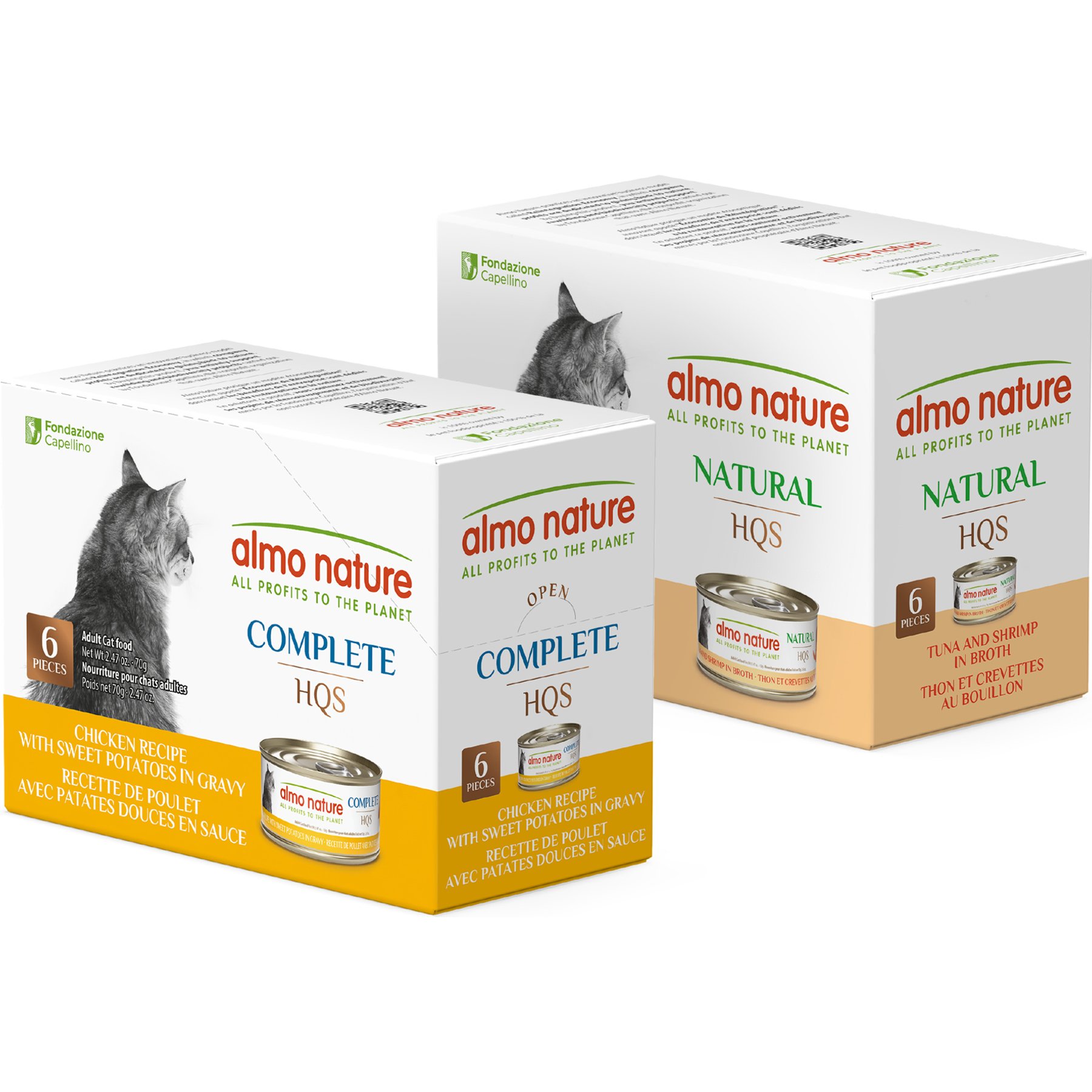 Almo Nature HQS Wet Cat Food Variety Pack: Natural Tuna with Shrimp Flaked + Complete Chicken with Sweet Potatoes in Gravy Shredded Wet Cat Food, 2.47-oz can, bundle of 12