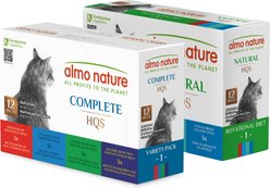 Almo Nature Wet Cat Food Variety Pack: HQS Complete, Natural Atlantic Tuna, Mackerel, Chicken & Shrimp, Trout & Tuna Cat Food, 2.47-oz can, bundle of 24