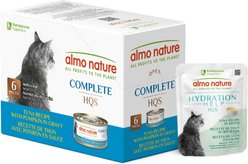 Almo Nature HQS Wet Cat Food & Topper: Complete Tuna with Pumpkin in Gravy Flaked, 2.47-oz can, case of 6 + Hydration Help Tuna Recipe in Broth, 1.77-oz pouch, case of 12
