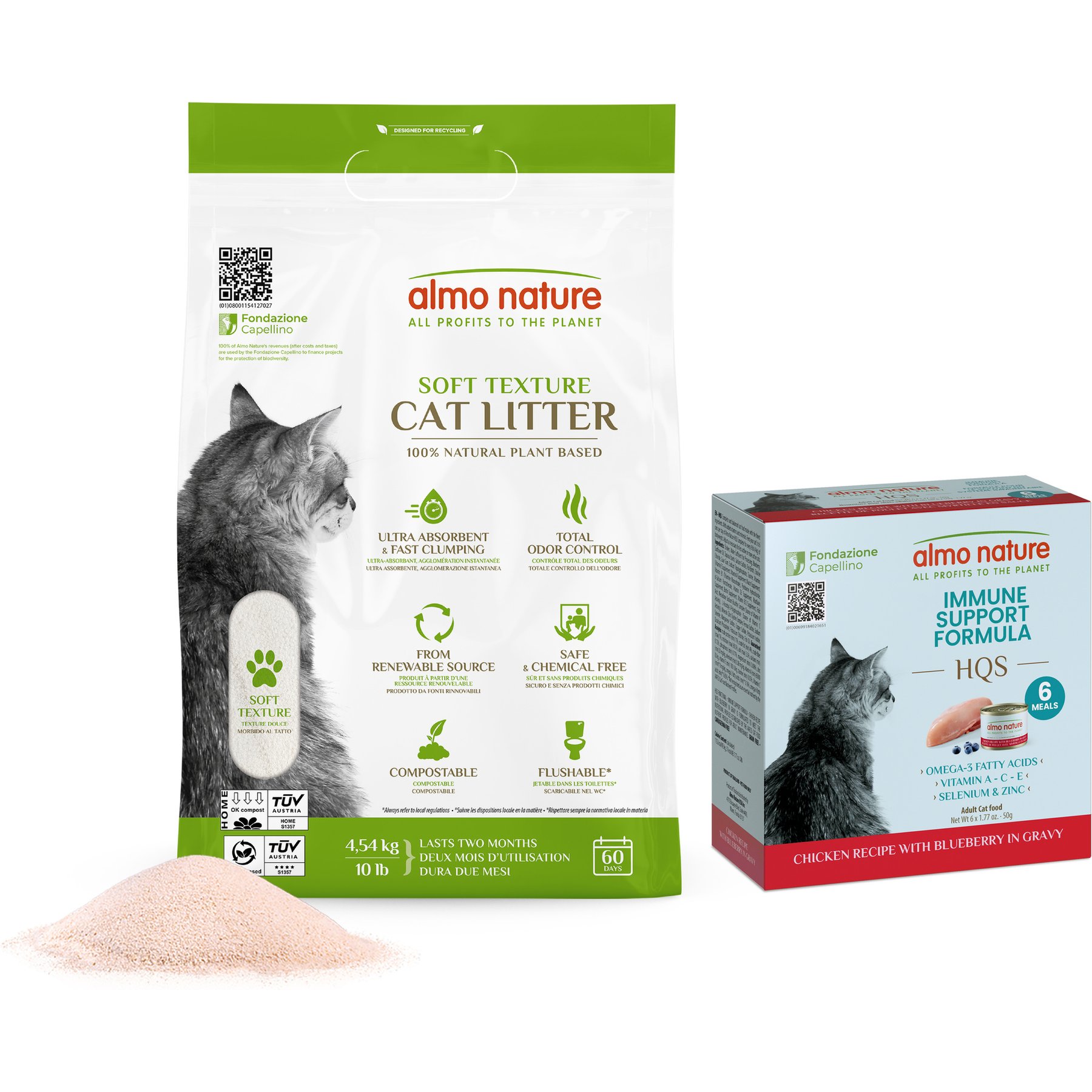 Almo Nature Essential Pack: Unscented Clumping Plant-Based Cat Litter, 10-lb bag + HQS Immune Support Shredded Chicken Recipe with Blueberry in Gravy Wet Cat Food, 1.77-oz can, case of 6