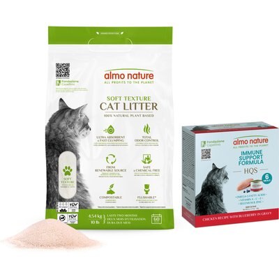 Almo Nature Almo Nature Essential Pack: Unscented Clumping Plant-Based Cat Litter, 10-lb bag + HQS Immune Support Shredded Chicken Recipe with Blueberry in Gravy Wet Cat Food, 1.77-oz can, case of 6