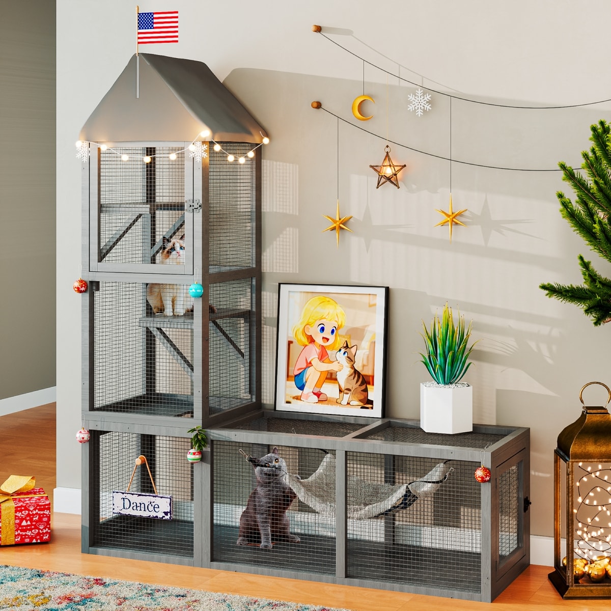 TIMHAKA 2-in-1 Outdoor Enclosure 65.3-in Cat Catio with Tunnel, Kitten ...