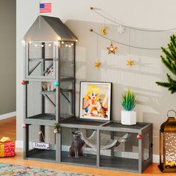 TIMHAKA 2-in-1 Outdoor Enclosure 65.3-in Cat Catio with Tunnel, Kitten Hammock, Waterproof Cover & 2 Door, Grey