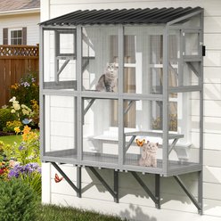 TIMHAKA Catio Wooden Expandable Cat Window Box Enclosure, Grey, 21.6 x 67 x 61.8-in