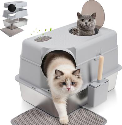 biggest cat litter box with lid PawsPik Extra-Large Stainless Steel Top Entry Cat Litter Box & Scooper, Gray, Silver, XL