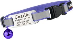GoTags Personalized Reflective Breakaway Cat Collar with Engraved Nameplate Tag, Safety Release Buckle & Bell, 8 to 12-in neck, 1/2-in wide, Lilac/Platinum Silver