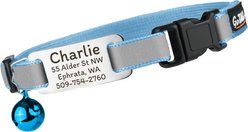GoTags Personalized Reflective Breakaway Cat Collar with Engraved Nameplate Tag, Safety Release Buckle & Bell, 8 to 12-in neck, 1/2-in wide, Sky Blue/Platinum Silver