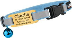 GoTags Personalized Reflective Breakaway Cat Collar with Engraved Nameplate Tag, Safety Release Buckle & Bell, 8 to 12-in neck, 1/2-in wide, Sky Blue/Honey Gold slide 1 of 7