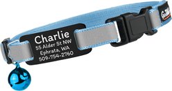 GoTags Personalized Reflective Breakaway Cat Collar with Engraved Nameplate Tag, Safety Release Buckle & Bell, 8 to 12-in neck, 1/2-in wide, Sky Blue/Midnight Black