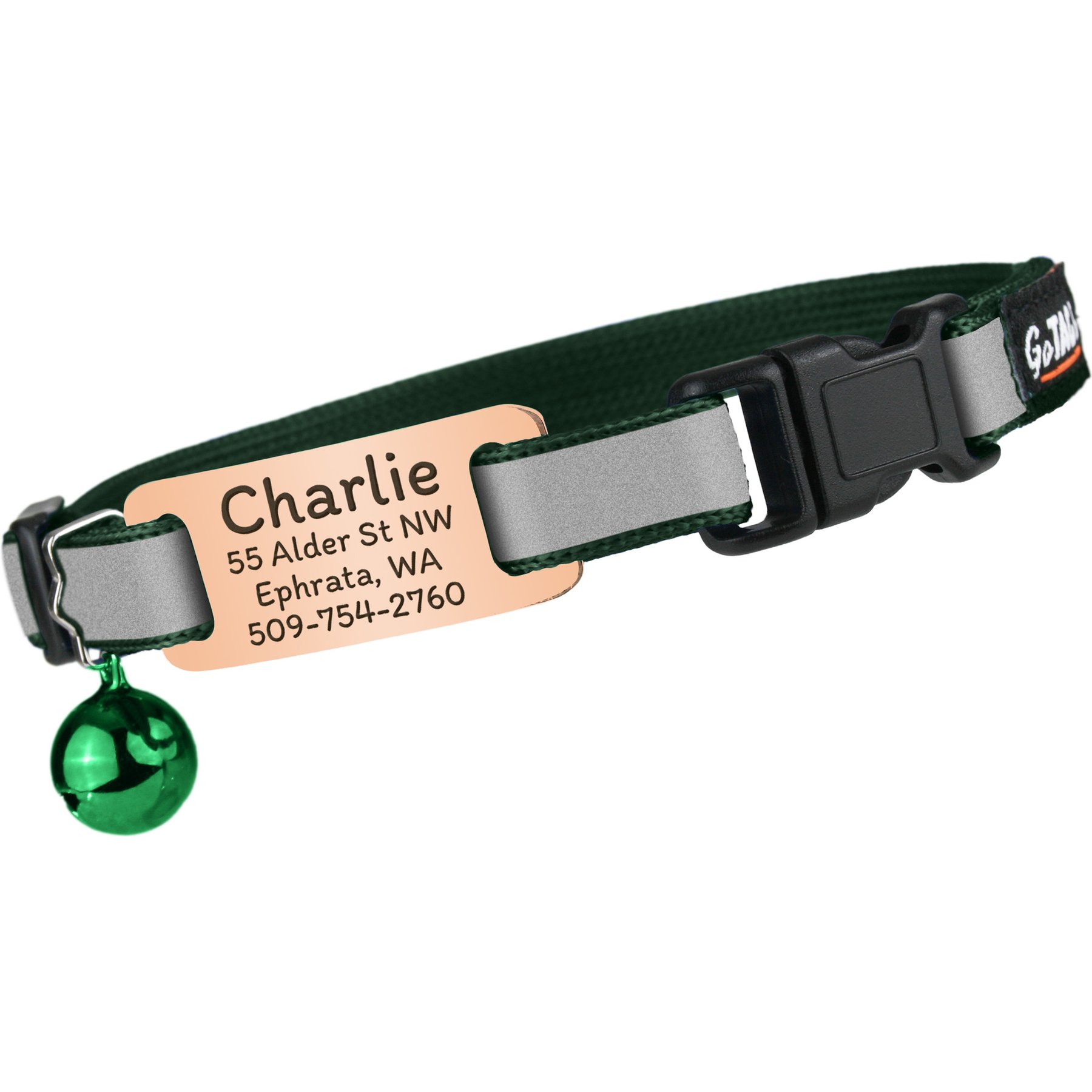 GoTags Personalized Reflective Breakaway Cat Collar with Engraved Nameplate Tag, Safety Release Buckle & Bell, 8 to 12-in neck, 1/2-in wide, Forest Green/Blush Rose