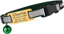 GoTags Personalized Reflective Breakaway Cat Collar with Engraved Nameplate Tag, Safety Release Buckle & Bell, 8 to 12-in neck, 1/2-in wide, Forest Green/Honey Gold slide 1 of 7