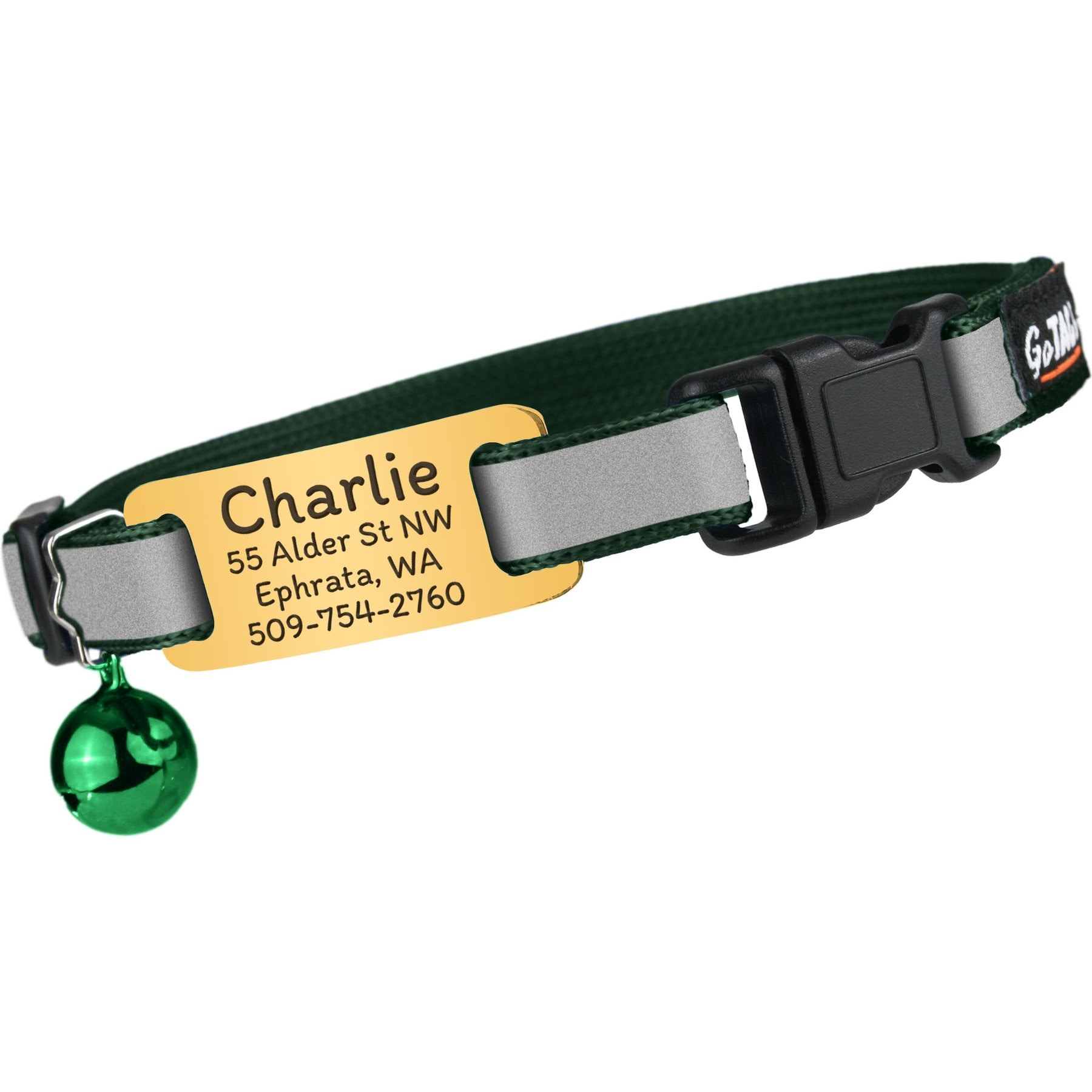 GoTags Personalized Reflective Breakaway Cat Collar with Engraved Nameplate Tag, Safety Release Buckle & Bell, 8 to 12-in neck, 1/2-in wide, Forest Green/Honey Gold