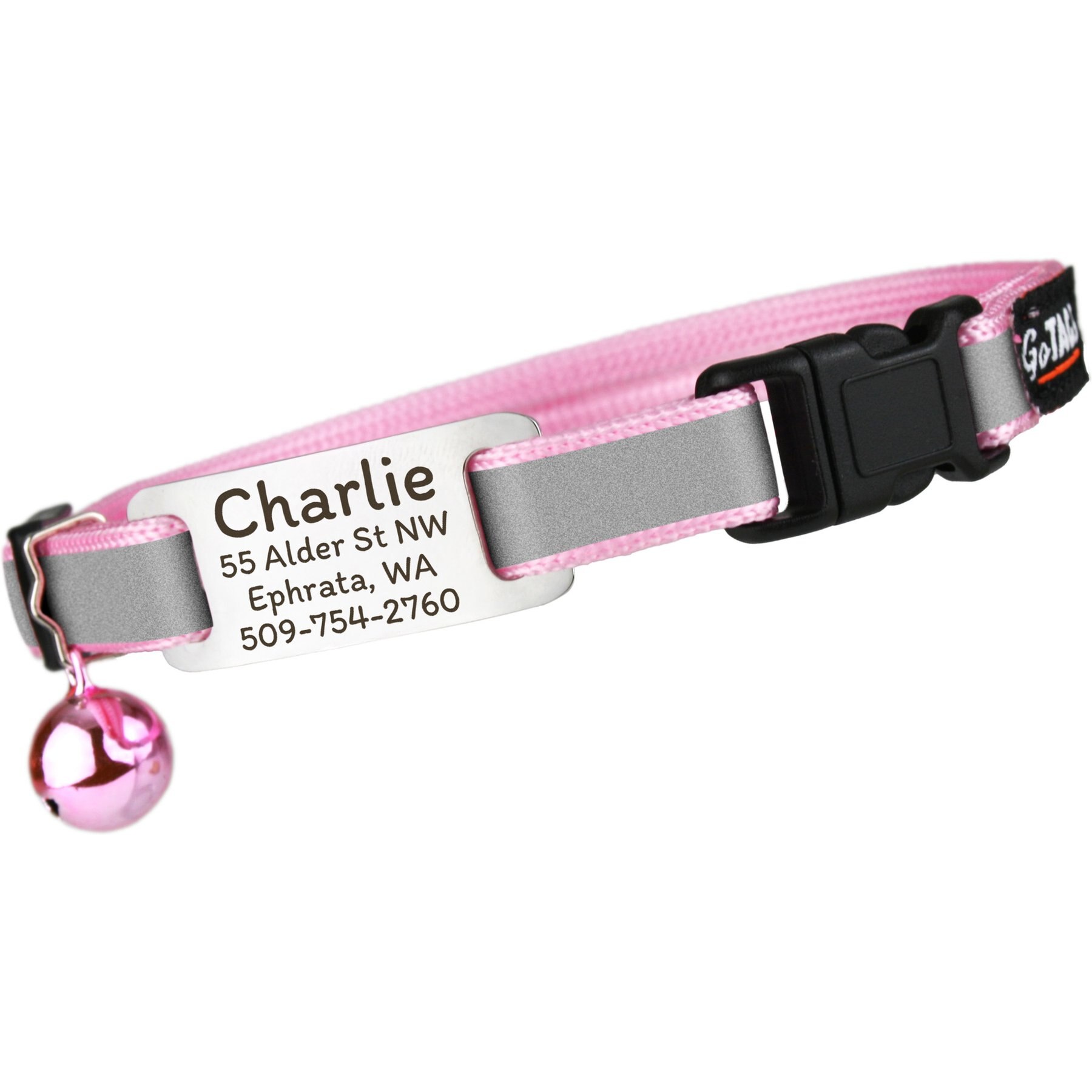 GoTags Personalized Reflective Breakaway Cat Collar with Engraved Nameplate Tag, Safety Release Buckle & Bell, 8 to 12-in neck, 1/2-in wide, Rose/Platinum Silver
