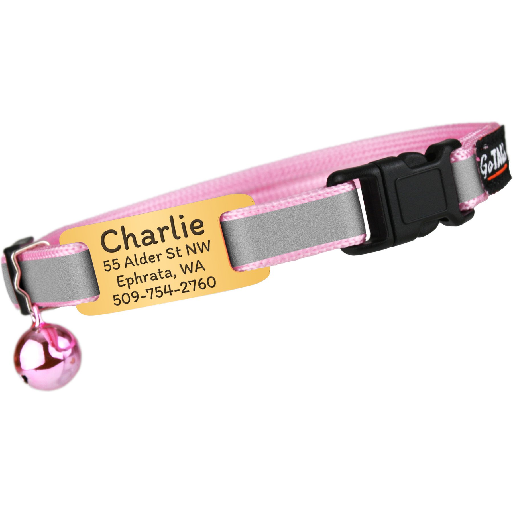 GoTags Personalized Reflective Breakaway Cat Collar with Engraved Nameplate Tag, Safety Release Buckle & Bell, 8 to 12-in neck, 1/2-in wide, Rose/Honey Gold