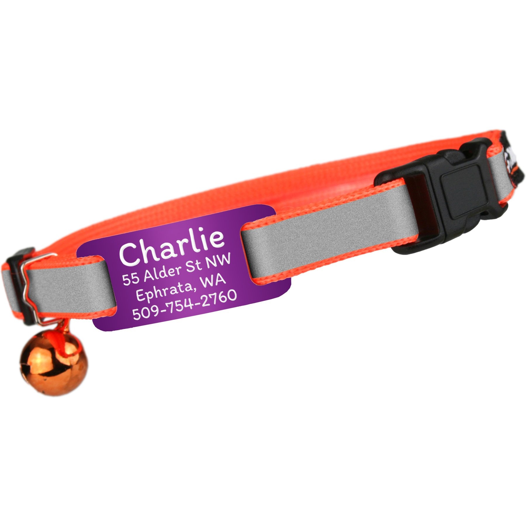 GoTags Personalized Reflective Breakaway Cat Collar with Engraved Nameplate Tag, Safety Release Buckle & Bell, 8 to 12-in neck, 1/2-in wide, Neon Orange/Lavender