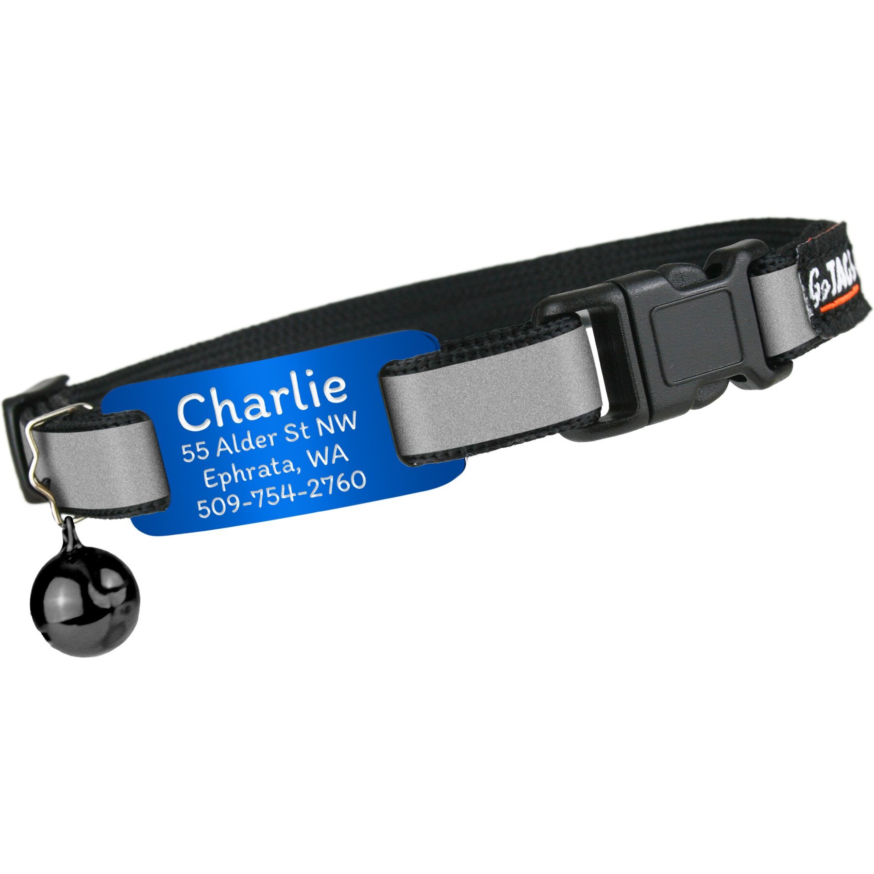 GoTags Personalized Reflective Breakaway Cat Collar with Engraved Nameplate Tag, Safety Release Buckle & Bell, 8 to 12-in neck, 1/2-in wide, Midnight Black/Navy Blue