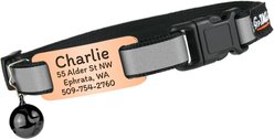 GoTags Personalized Reflective Breakaway Cat Collar with Engraved Nameplate Tag, Safety Release Buckle & Bell, 8 to 12-in neck, 1/2-in wide, Midnight Black/Blush Rose