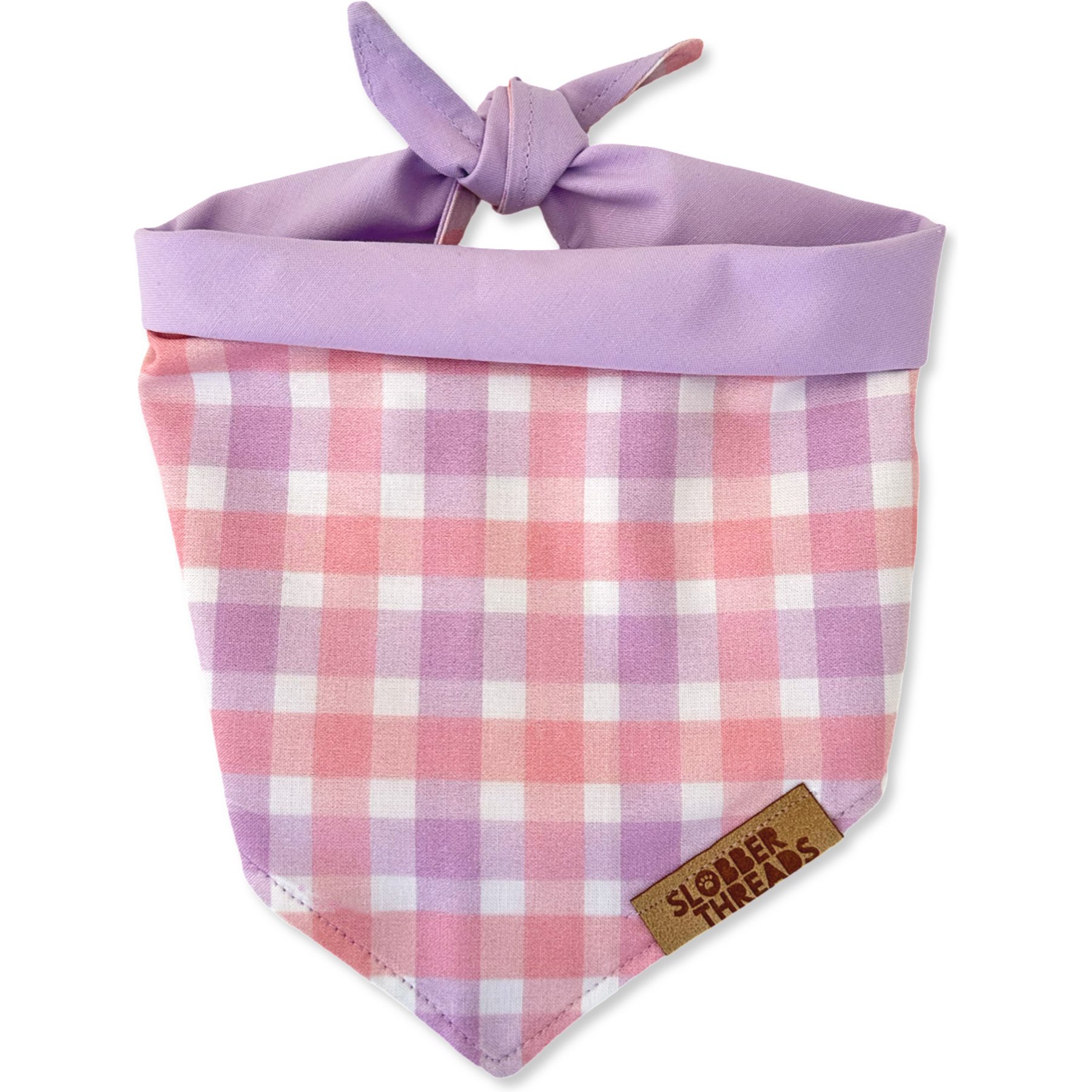 Slobber Threads Lavender Gingham Triangle Tie-On Dog Bandana, Pink, Large