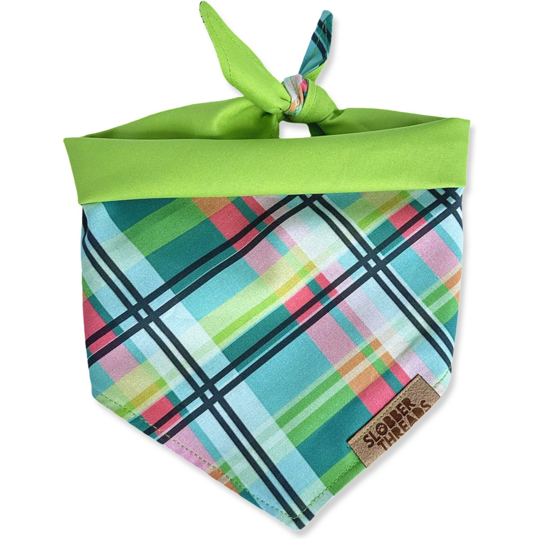 Slobber Threads Meadow Plaid Triangle Tie-On Dog Bandana, Multicolor, Large