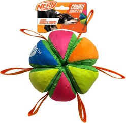Nerf Dog Plush Squeak & Crunch Wedge Ball with Straps Dog Toy, Blue/Green/Orange/Pink, 5.9-in