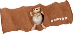 Gapzer Indoor Foldable Straight Tube Soft Collapsible Play Plush Cat Tunnel Toy with Peek Hole, Brown, 9.8 x 9.8 x 31.9-in