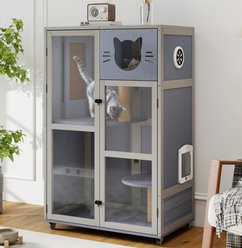 Coziwow Multi-Level Indoor Wooden Cat House with Acrylic Doors & Scratching Posts, Grey, 32.5 x 19.7 x 50.8-in