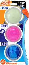Nerf Dog Gift Set Card TPR Lightning Glow, Translucent TPR Peanut Butter Scented & Solid Foam Sonic Ball Launcher Dog Toy, Pink/Blue Swirl, 2.5-in, 3 count slide 1 of 6