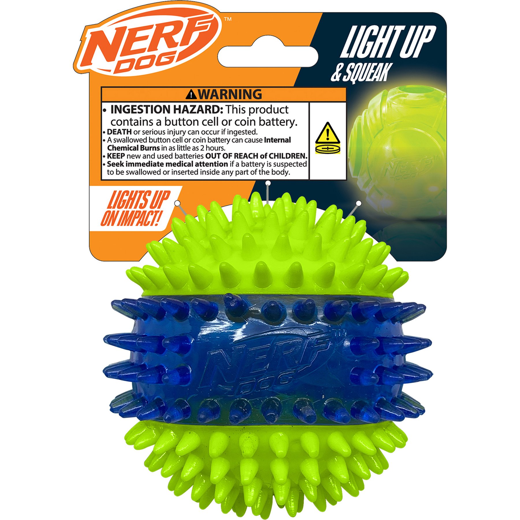 Nerf Dog Translucent TPR 3-Part Spike LED & Squeak Ball Chew Dog Toy, Green/Blue, 3.7-in