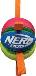 Nerf Dog Plush Squeak & Crunch Wedge Ball with Straps Dog Toy, Blue/Green/Orange/Pink, 5.9-in slide 2 of 6