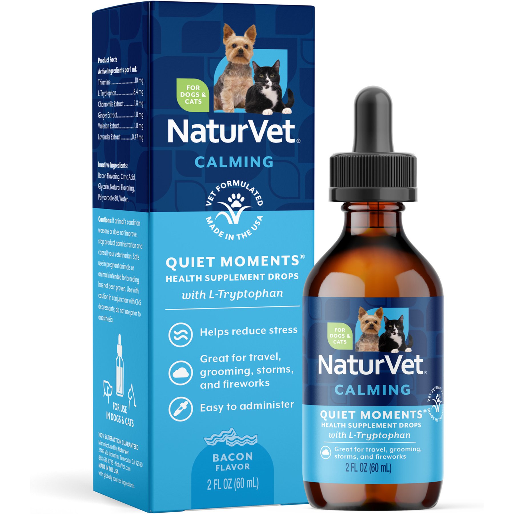 NaturVet Quiet Moments Bacon Flavored Calming Supplement Drops for Dogs & Cats, 2-fl oz bottle