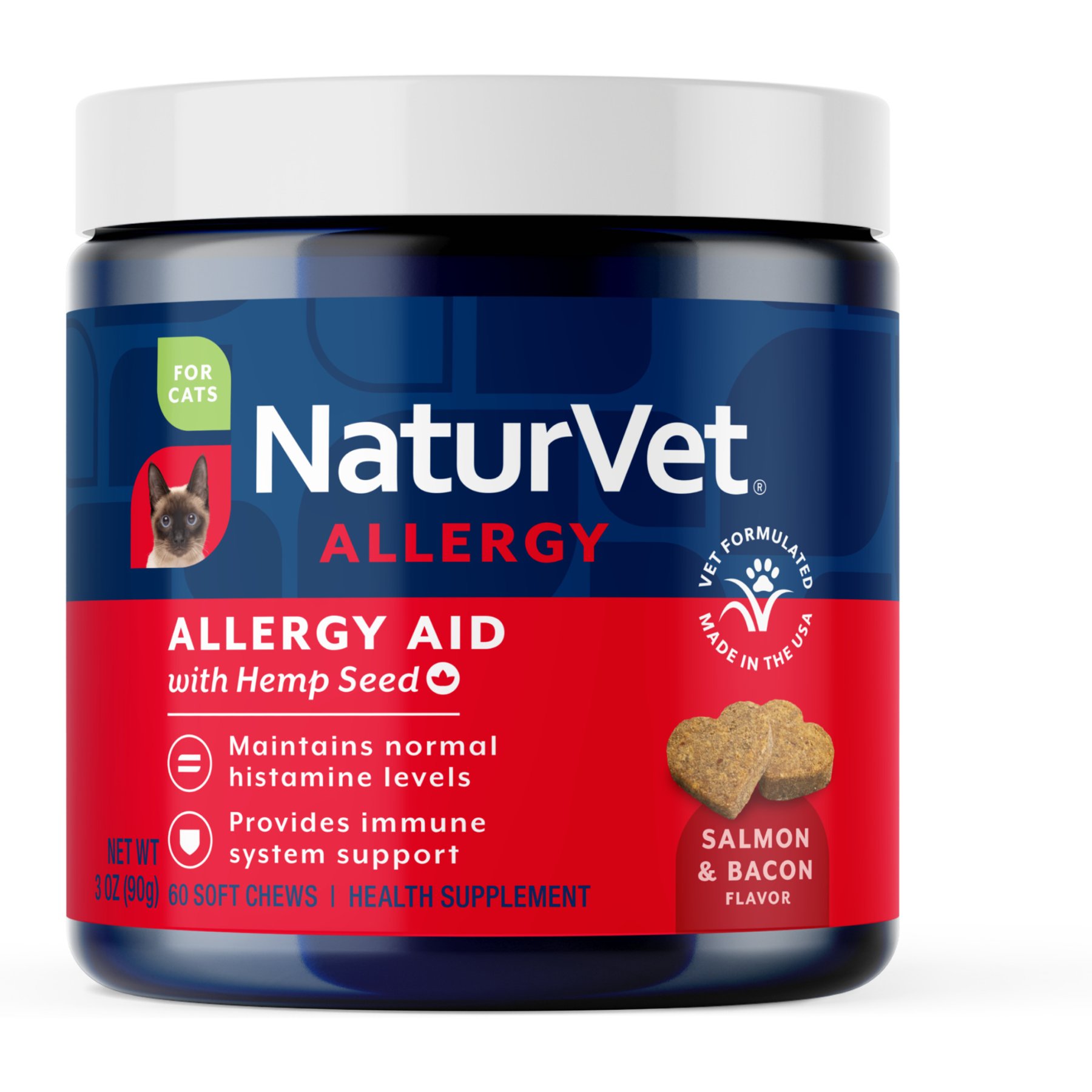 NaturVet Allergy Aid with Hemp Seed Allergy Salmon & Bacon Flavored Supplement for Cats, 60 count