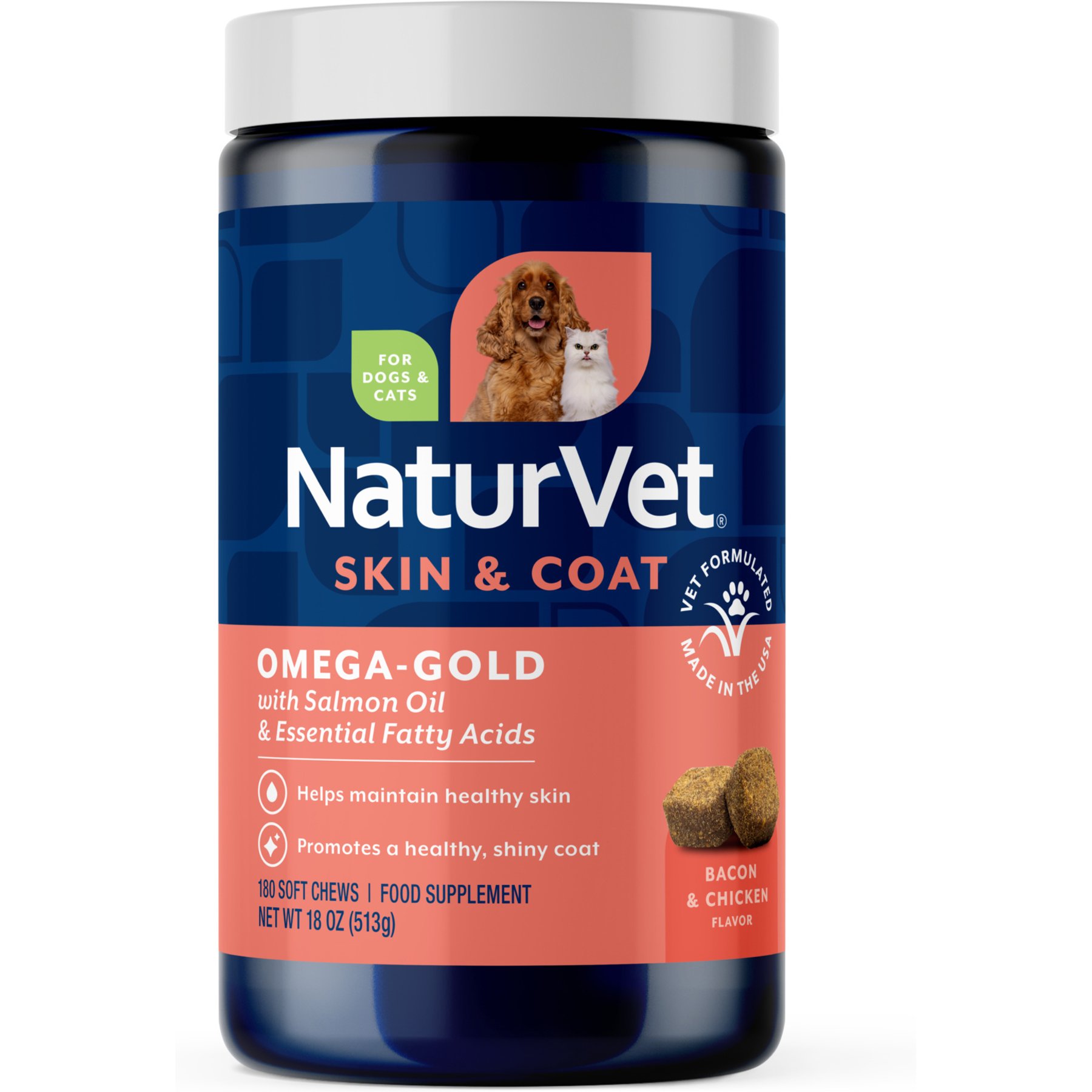 NaturVet Omega-Gold Skin & Coat Bacon & Chicken Flavored Supplement for Dogs & Cats, 180 count