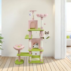 HOMLUX 71-in Flower Cat Tree with Condo, Removable Flower Cushion & Hammock, Pink Green