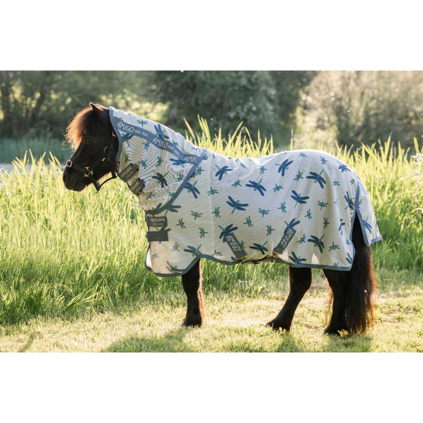 Horseware Bug Rug Plus Petite Horse Fly Sheet, Dragonfly Print/Silver, Blue & Sage, 48-in