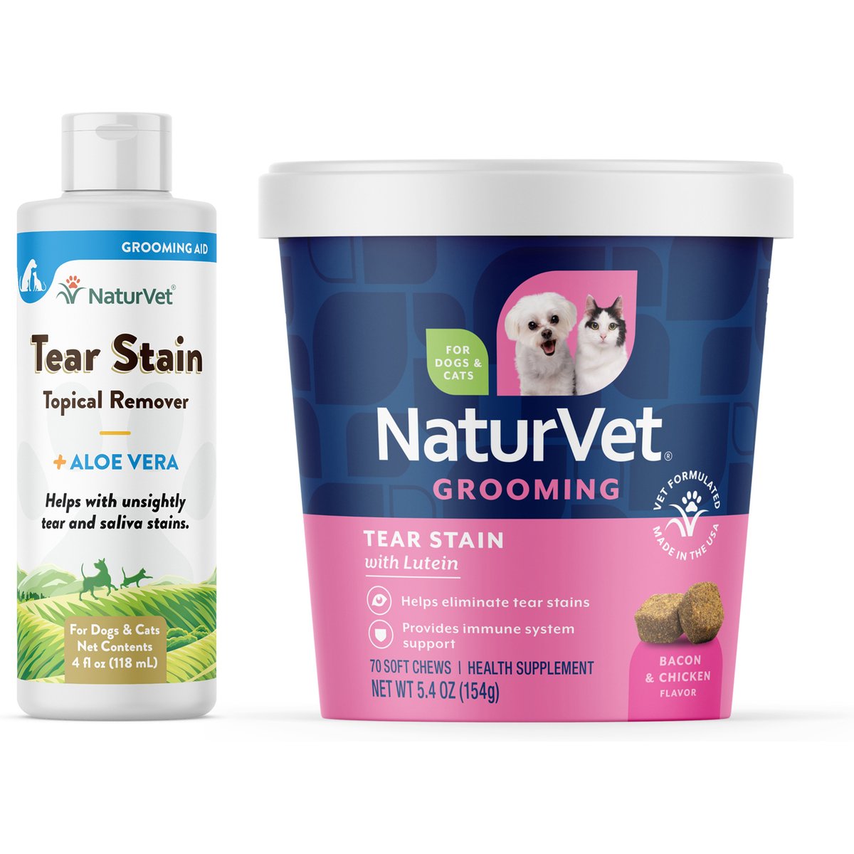 NaturVet Tear Stain Plus Lutein Soft Chews Vision Supplement, 70 count + Remover Dog & Cat Liquid Topical Formula, 4-oz bottle