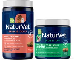 NaturVet Advanced Probiotics & Enzymes Plus Vet Strength PB6 Probiotic Soft Chews Dog Supplement, 120 count + NaturVet Omega Gold Plus Salmon Oil Soft Chews for Dogs, 180 count