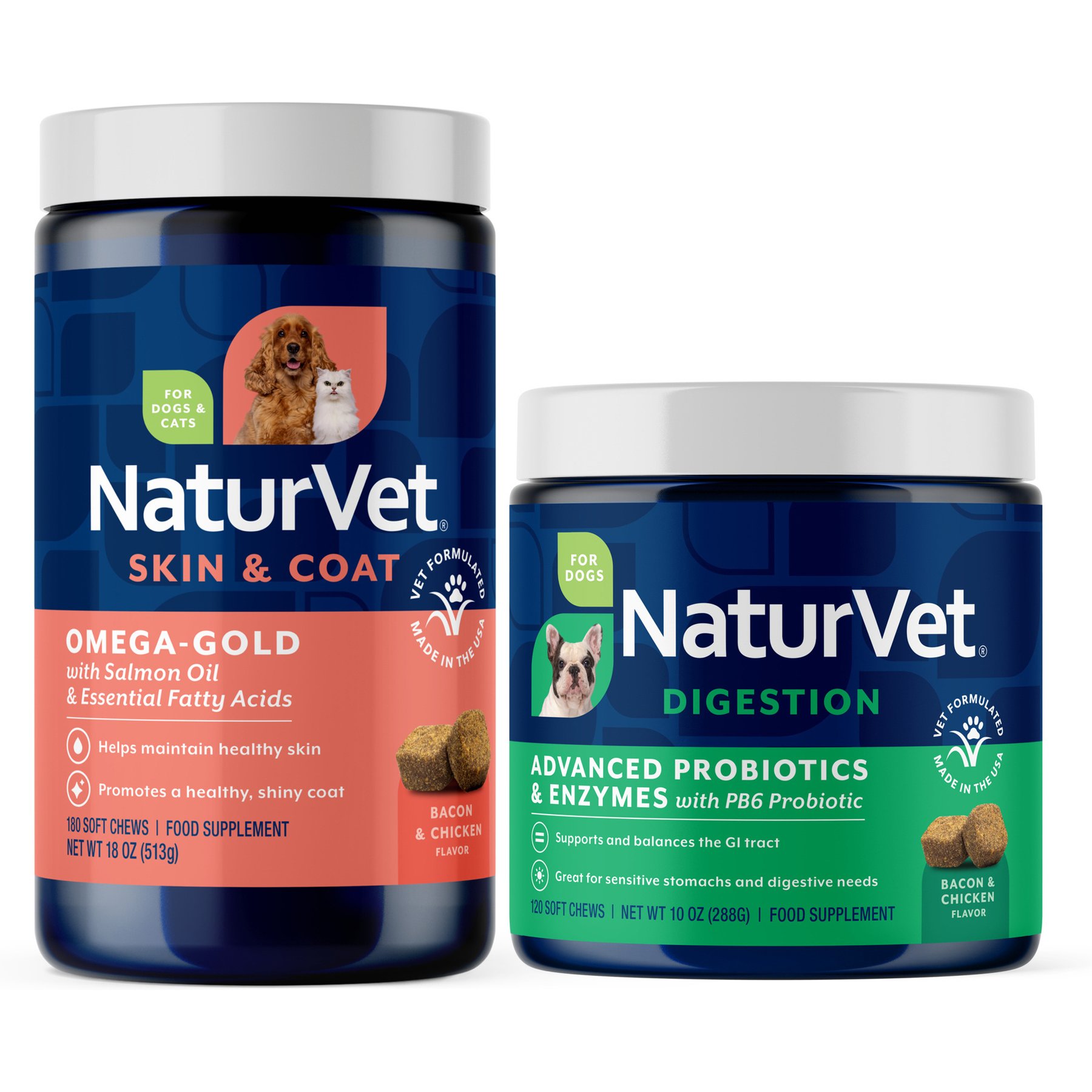 NaturVet Advanced Probiotics & Enzymes Plus Vet Strength PB6 Probiotic Soft Chews Dog Supplement, 120 count + NaturVet Omega Gold Plus Salmon Oil Soft Chews for Dogs, 180 count